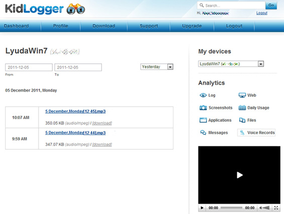 Recorded voices Analytics on Kidlogger.net
